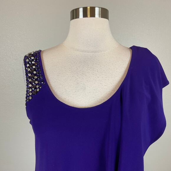 Betsy & Adam One Shoulder Beaded Cocktail Dress Purple Size 4 Ruffled Shift - Picture 7 of 13